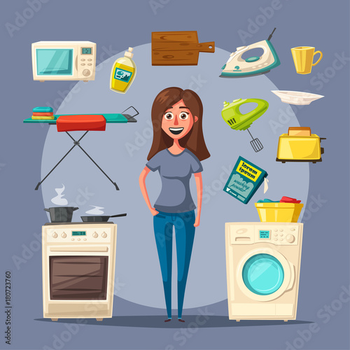 Cleaning staff character with equipment. Cartoon vector illustration.