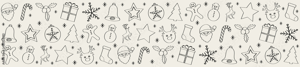 Panoramic header made of hand drawn Christmas ornaments. Vector.