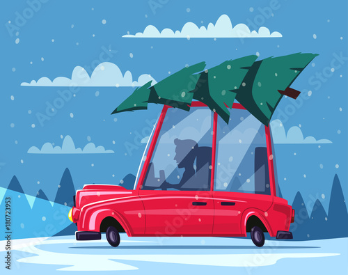 Man is driving a vintage car with christmas tree on the roof. Cartoon vector illustration