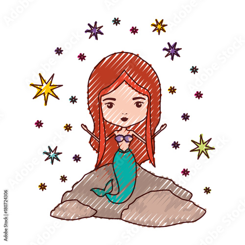 mermaid in a rock with stars in colored crayon silhouette