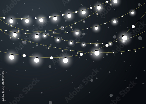 Christmas background with xmas lights. Vector glowing garland isolated on red background with shine particles.
