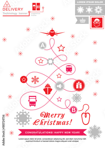  Pathway in the shape of christmas tree. Red grey christmas logistics icons on the white background. Technology background. Icon of Santa Claus. 