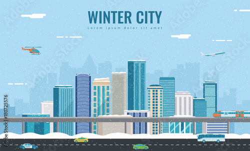Snowy urban landscape. Winter City. Building architecture, cityscape town. City with snowflakes. Vector 