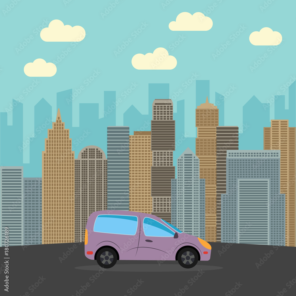 Blue car in the city. Automobile on a background of skyscrapers on a sunny day. Vector illustration. 
