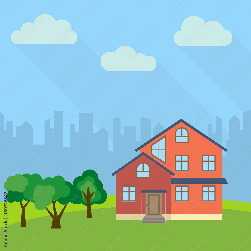 Lone three-storey house in a field with an green trees. Vector illustration.
