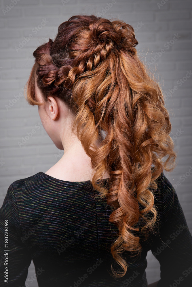 Wedding hairstyle for red hair rear view of the head turning left on a  light background Stock Photo | Adobe Stock