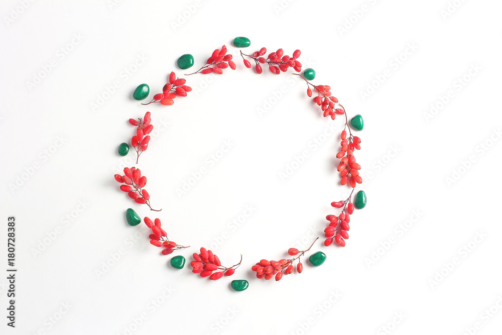 frame with berries in a circle. simple flat lay composition. creative layout, holiday concept