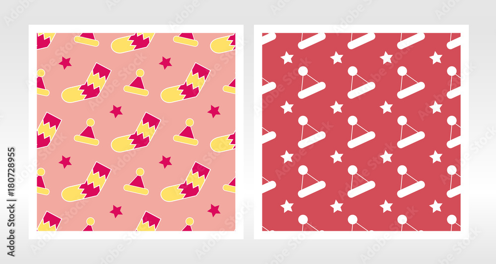 Fototapeta premium Christmas wrapping paper set. Seamless pattern with Santa Claus hat, stars, circles, gifts, sock. Vector print.