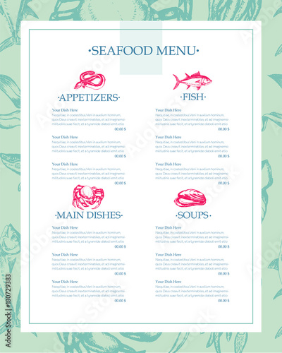 Delicious Seafood - vector drawn template menu