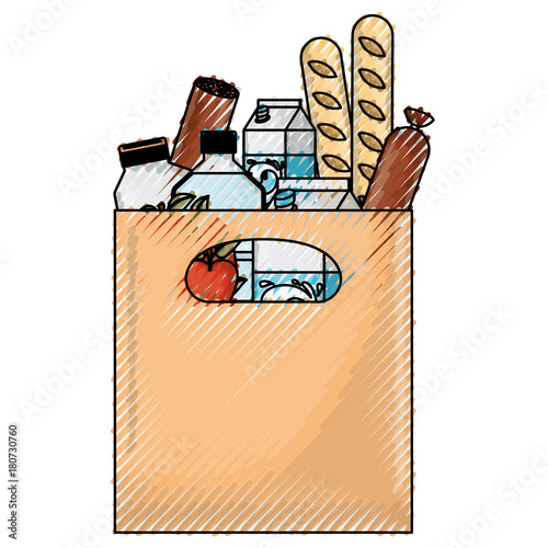 rectangular paper bag with handle and foods sausage and bread apples and drinks orange juice and water bottle and milk carton in colored crayon silhouette