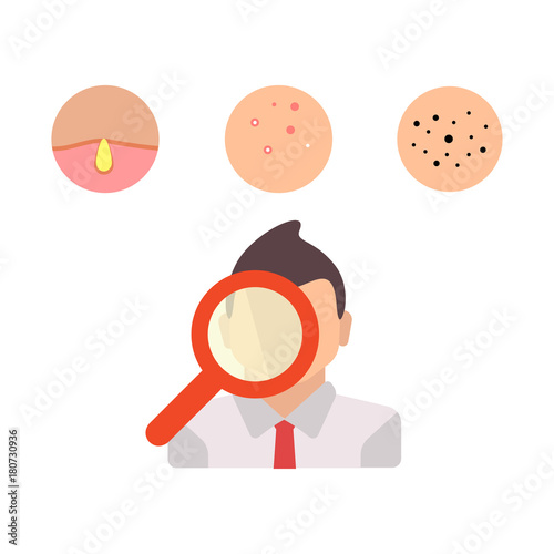 Man skin problems vector illustration. Male face with pimples and dark spots, wrinkles and acne