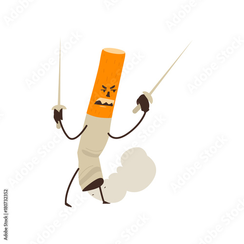 Humanized smoldering cigarette holding two swords, threatening health, cartoon vector illustration isolated on white background. Comic style cigarette monster with two swords, unhealthy habit