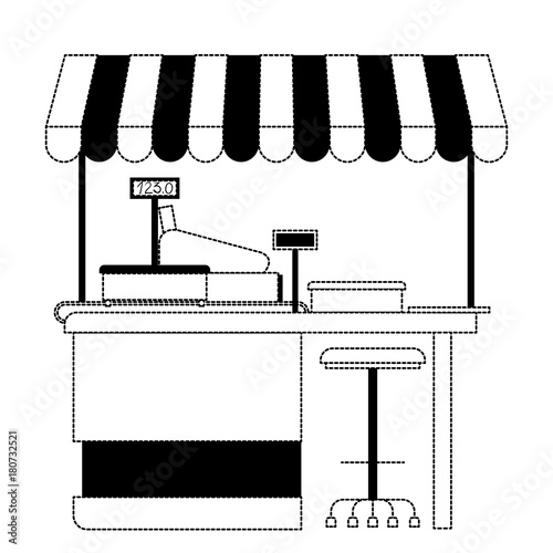 supermarket shelf with weighing machine and cash register point with sunshade in black dotted silhouette