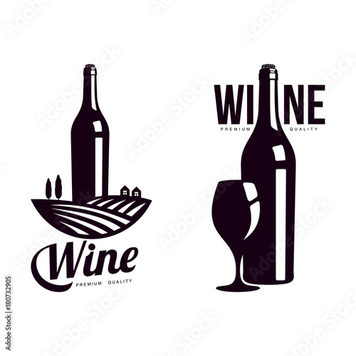 bottle of wine on background of field of vineyard with trees, bottle with glass set. Elegant Company logo, brand icon design. Isolated illustration on a white background.