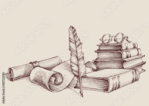 Diploma or certificate vintage ornaments, writing and reading concept. Old books, scroll and quill pen retro stand