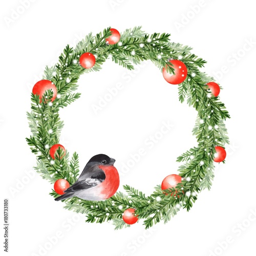 Watercolor illustration 6. Christmas fir tree wreath with bird