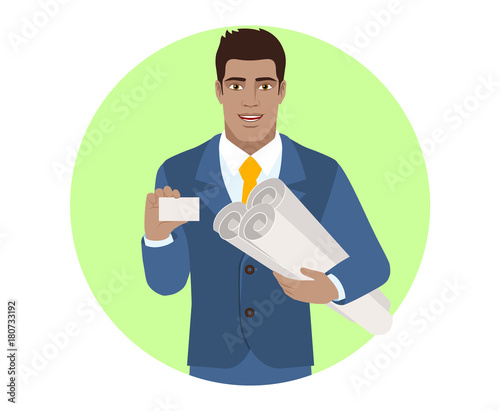 Businessman holding the project plans and showing business card