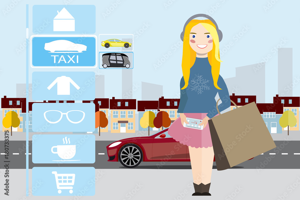 Augmented reality in marketing. Woman with phone. Information about taxi on the projection of the display Augmented reality in marketing. Woman with phone. Information about taxi on the projection of the display