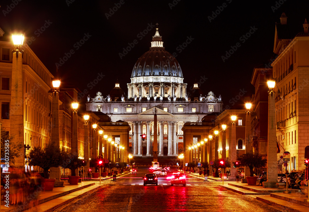 Rome.  Night view on St. Peter's Cathedral