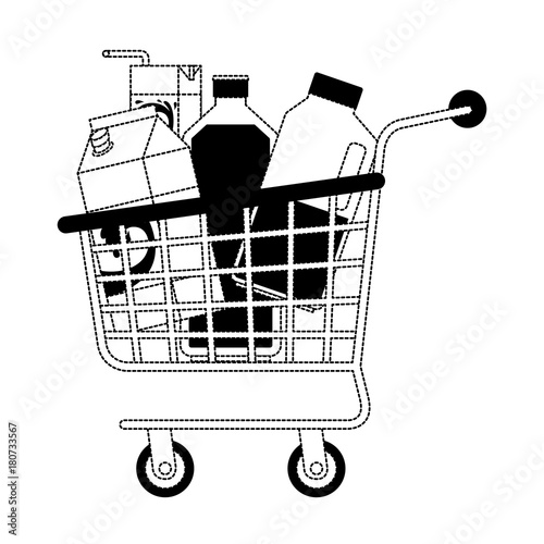 shopping cart with drinks juice and water bottle and milk carton in black dotted silhouette