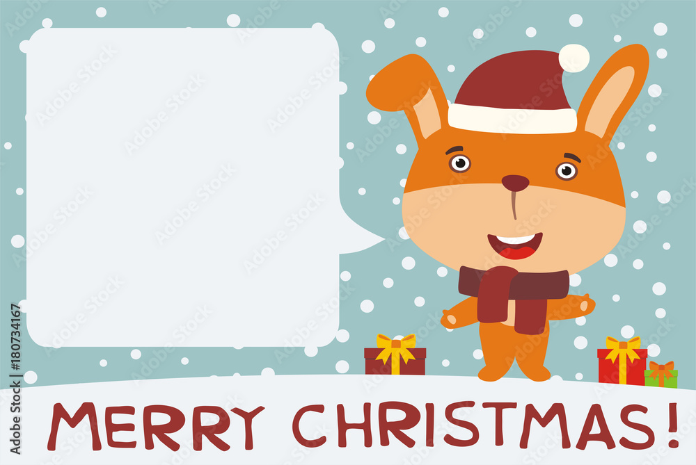 Merry Christmas! Card with funny bunny rabbit in cartoon style. Cute bunny rabbit with speech bubble for Christmas greetings. Merry Christmas! Card with funny bunny rabbit in cartoon style. Cute bunny rabbit with speech bubble for Christmas greetings.