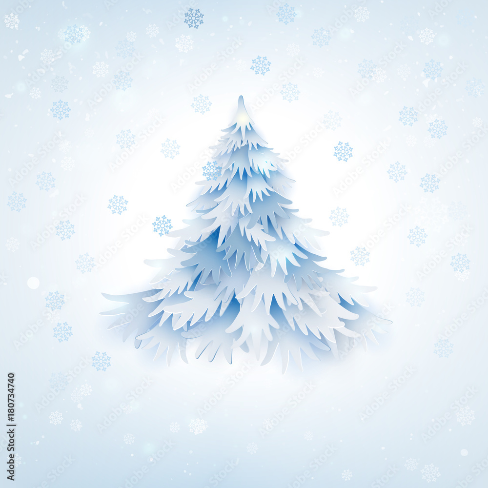 White Christmas and Happy New Year fir tree. Paper art craft cat out style. Xmas object on white background. Seasons Greeting card. Vector illustration.