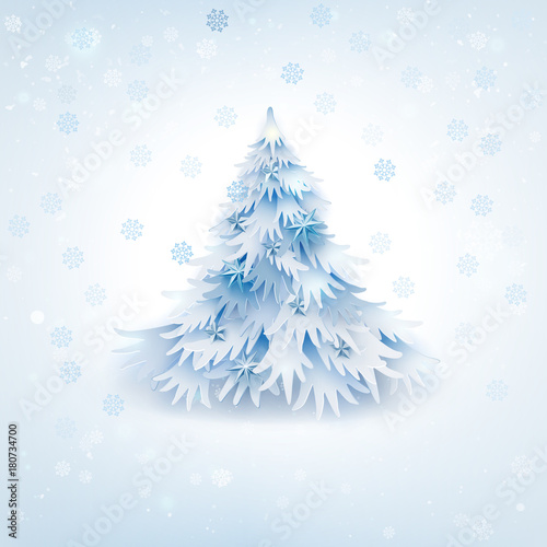 White Christmas and Happy New Year tree decorated stars and Holidays snow. Paper art craft cat out style. Xmas object on white background. Seasons Greeting. Vector illustration.