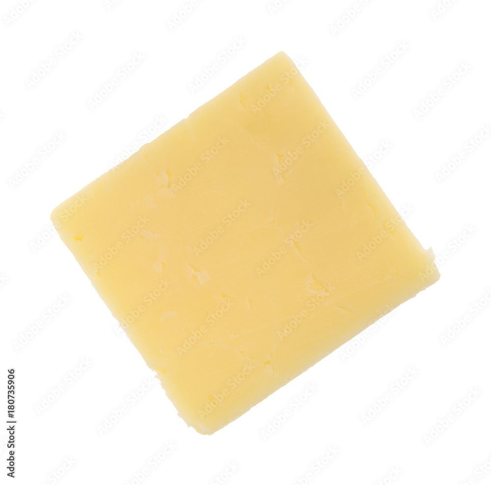 Foto Stock Top view of a single slice of a sharp cheddar cheese square  isolated on a white background. | Adobe Stock