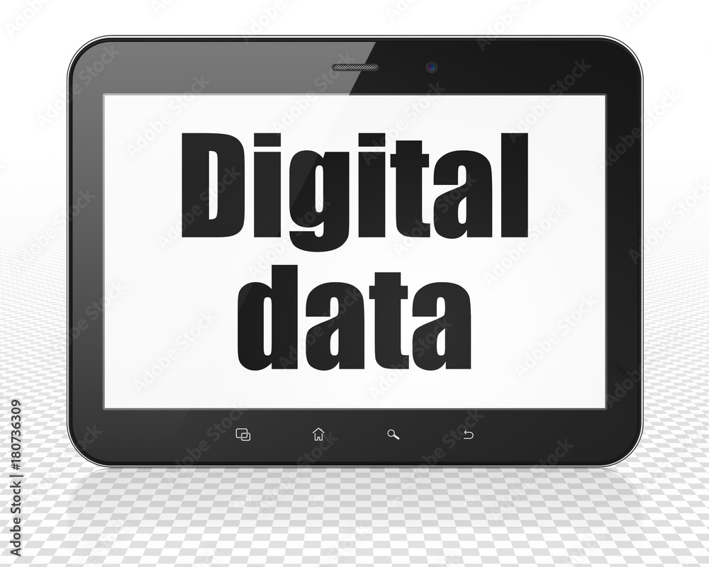 Information concept: Tablet Pc Computer with black text Digital Data on display, 3D rendering Information concept: Tablet Pc Computer with black text Digital Data on display, 3D rendering