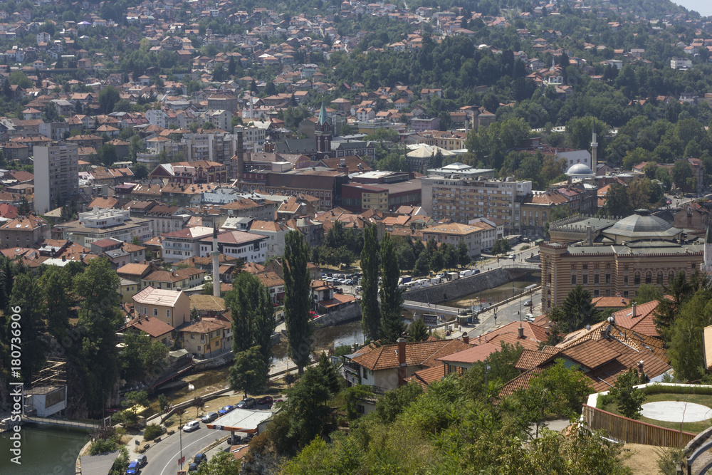 View from the top of Yellow Fortress os Sarajevo downtown, with the city Hall