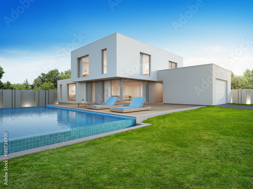 Luxury house with swimming pool and terrace near lawn in modern design, Empty front yard at vacation home or holiday villa for big family - 3d illustration of new residential building exterior © terng99