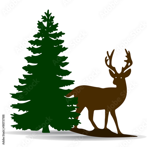 Silhouette of a green fir-tree and deer, on white background,