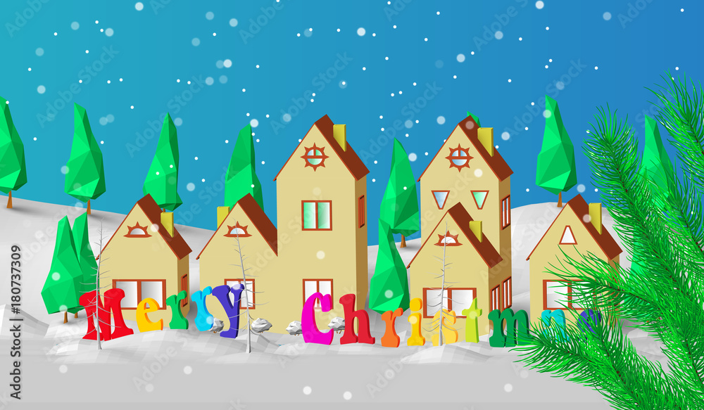 Christmas card. Low polygonal model of houses. The village is in a snow-covered forest. Good New Year spirit