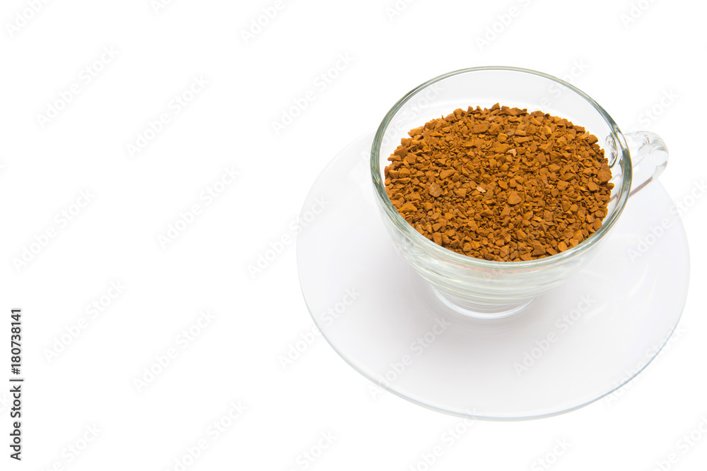 instant coffee grains in glass cup isolated on white background with Clipping Path instant coffee grains in glass cup isolated on white background with Clipping Path