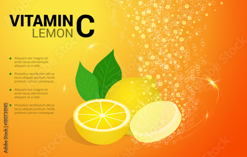 Vitamin C Lemon soluble pills with Lemon flavour in water with sparkling fizzy bubbles trail. Ascorbic acid. Vitamineral complex package design with citrus yellow background. Treatment cold flu.