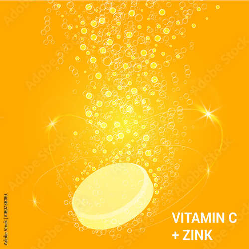 Vitamin C soluble pills with Lemon flavour in water with sparkling fizzy bubbles trail. Ascorbic acid. Vitamineral complex package design with citrus yellow background. Treatment cold flu.