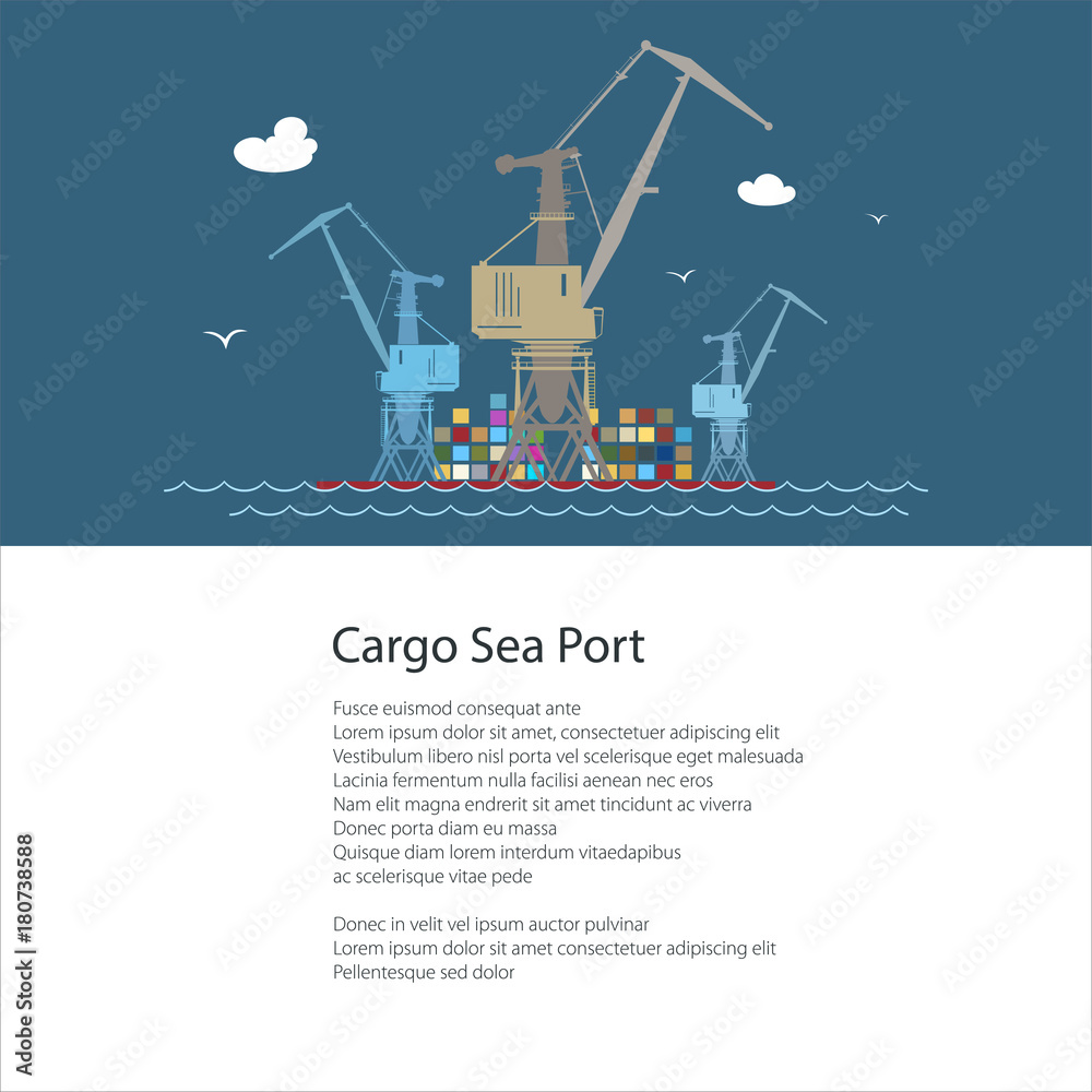 Seaport at Sea and Text, Poster with Containers and Cargo Cranes at the Dock, International Freight Transportation and Shipping, Brochure Flyer Design, Vector Illustration