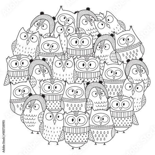 Funny owls in winter circle shape pattern for coloring book. Christmas coloring page. Vector illustration