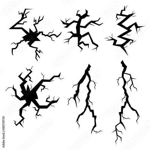 Set of cracks. A collection of black faults and cracks. Earth crack vector set. Black and white vector illustration.