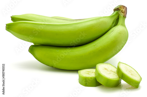 One custer and three slices of plantain isolated on white background.