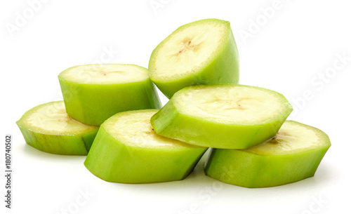Bilde på lerret Sliced plantain isolated on white background six rings of green banana