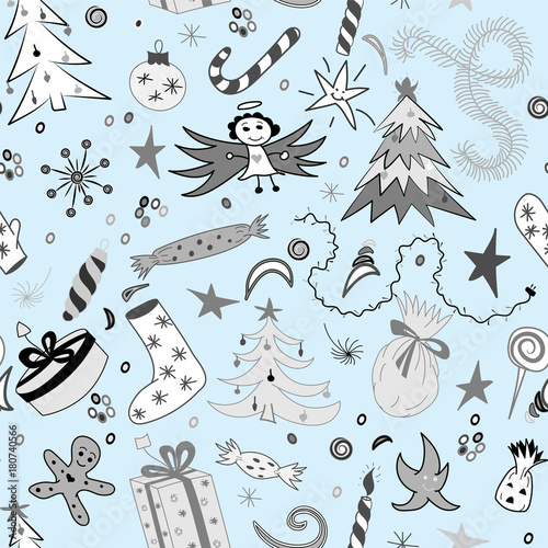 Seamless Pattern of Hand Drawn Doodle Winter Holiday Symbols. Children Drawings of  Fir Trees, Gifts, Candle, Sweets, Angel and Snowflakes. Vector illustration.