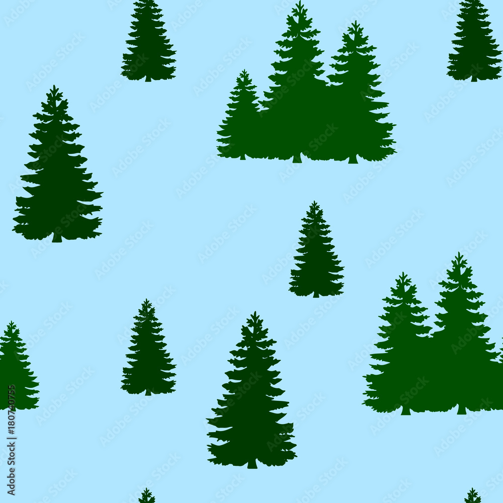 Seamless pattern, christmas tree green, on a blue background (forest),