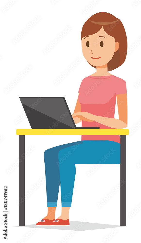 Illustration that mommy wearing short-sleeved clothes is operating a personal computer