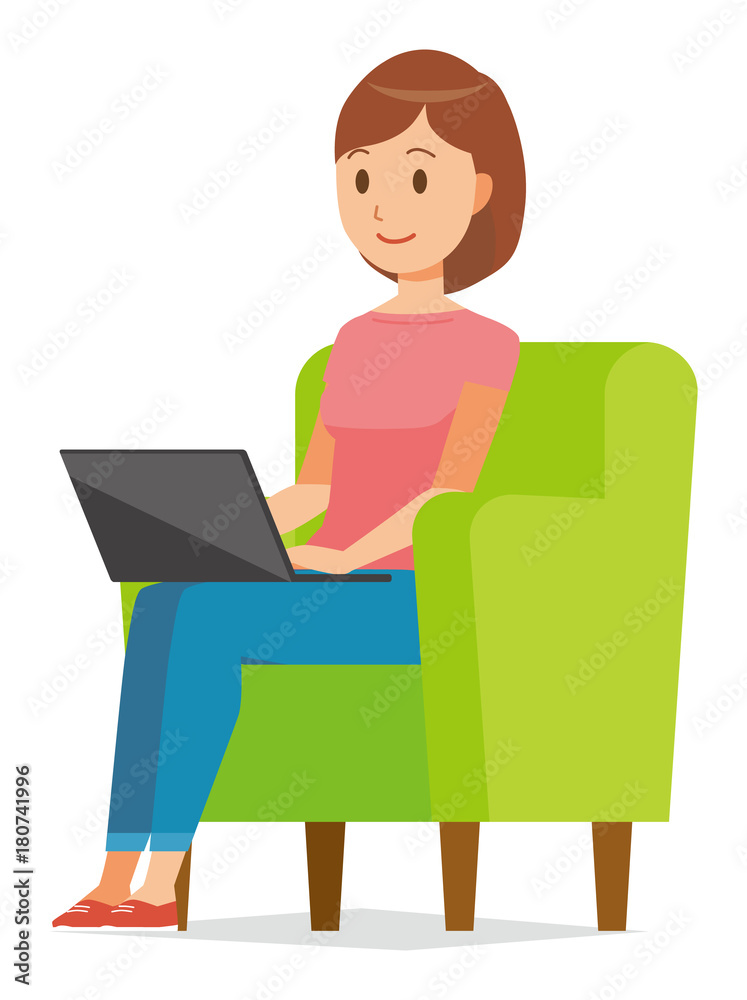 Illustration that mommy wearing short-sleeved clothes is sitting on the sofa and operating a personal computer Illustration that mommy wearing short-sleeved clothes is sitting on the sofa and operating a personal computer