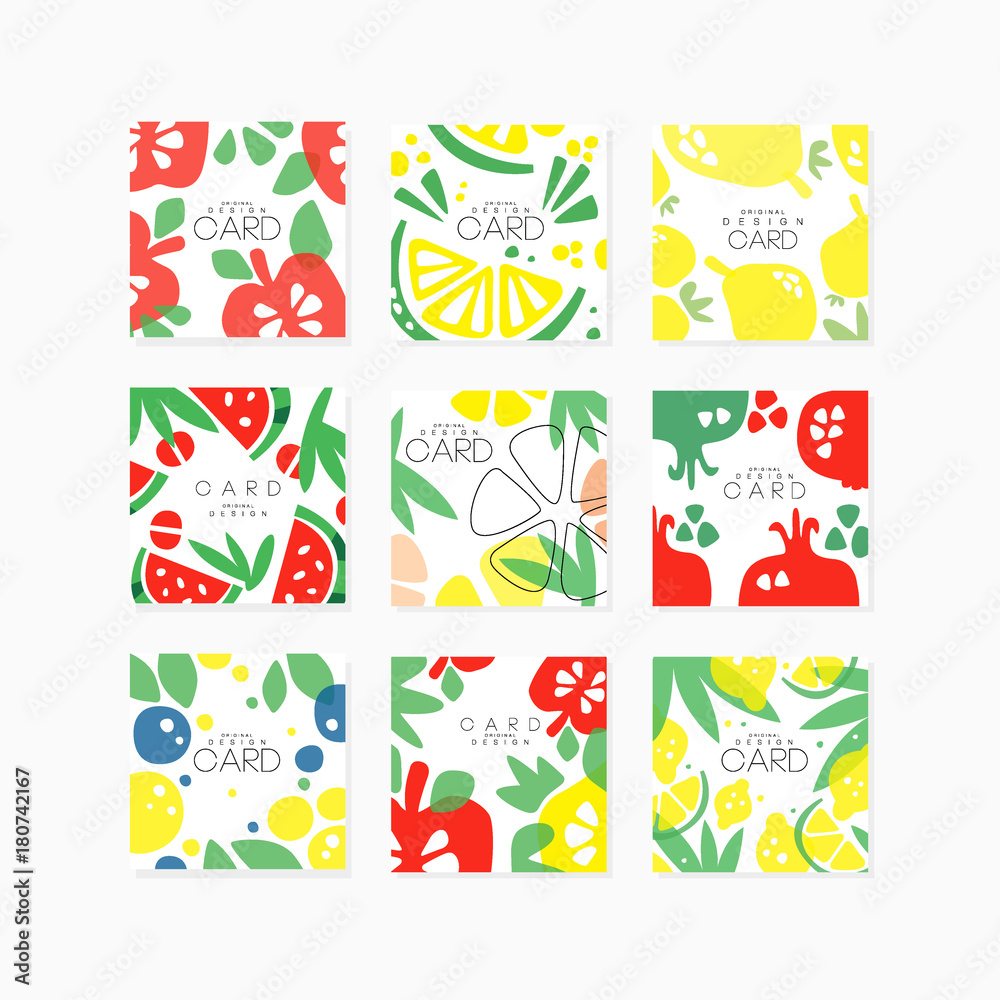 Fruit cards collection original design, posters with apple, pear, citrus, lime, lemon, berry, pomegranate, watermelon vector illustrations