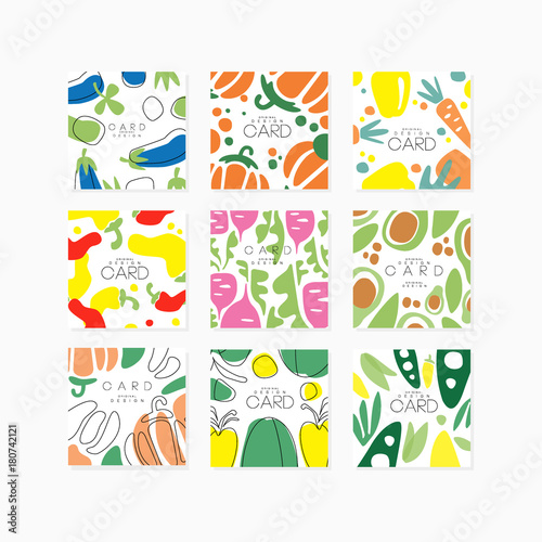 Vegetable cards collection original design, posters with eggplant, pepper, carrot, avocado, beet vector illustrations