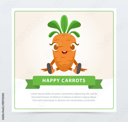 Cute humanized carrot vegetable character, happy carrot banner flat vector element for website or mobile app