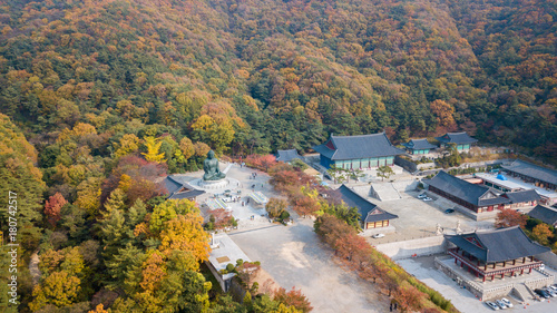 Aerial view autumn of Statue of Buddha in Temple, Seoul Korea . photo