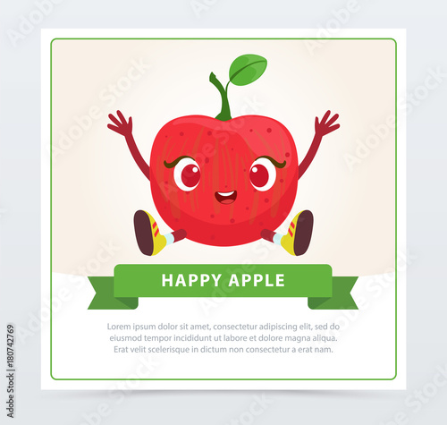 Cute humanized red apple fruit character, happy apple banner flat vector element for website or mobile app photo